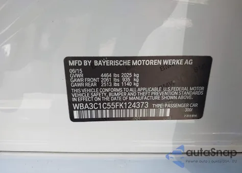 2015 BMW 328 I Sulev z USA, uszkodzony, nr VIN WBA3C1C55FK124373